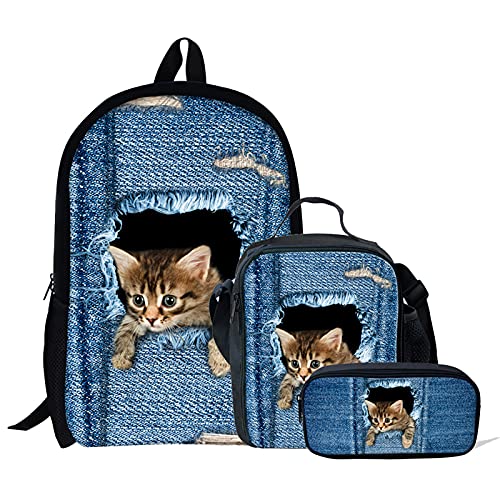 NETILGEN Denim Katze Mini Schulranzen Lunchbox Tasche,mädchen Schulrucksäcke Für Grundschule Großer Rucksack,Kinder Federmäppchen,rucksäcke Kinder Büchertaschen 3er Set von NETILGEN