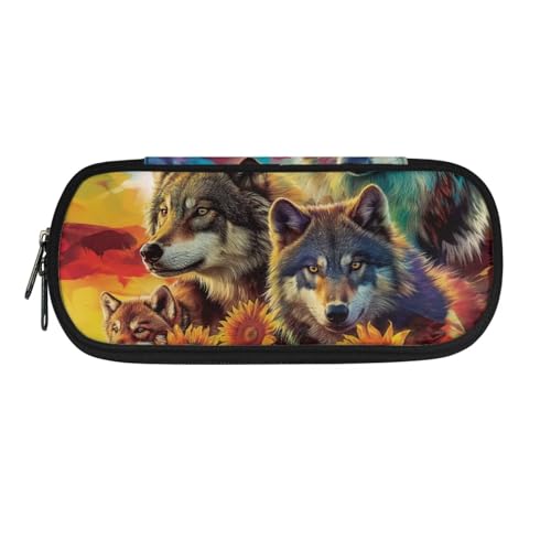 NETILGEN Federmäppchen für Kinder Jungen Schreibwaren Organizer Stiftemappe Federmappe, Sonnenblumenwolf, Schulranzen von NETILGEN