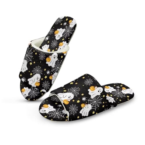 NETILGEN Flannel Pantoffeln für Frauen Open Toe Anti-Rutsch Haus Schlafzimmer Pantoffeln Halloween Fledermäuse Leopard Drucken von NETILGEN