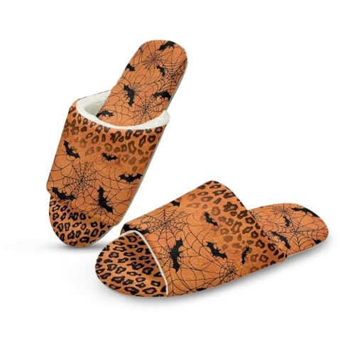 NETILGEN Flannel Pantoffeln für Frauen Open Toe Anti-Rutsch Haus Schlafzimmer Pantoffeln Halloween Fledermäuse Leopard Drucken von NETILGEN