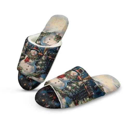 NETILGEN Frauen Flache Pantoffeln Bequeme Warme Open Toe Haus Pantoffeln für Indoor Outdoor Schneefeld Schneemann von NETILGEN