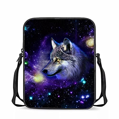 NETILGEN Galaktischer-Wolf-Druck Umhängetasche für Männer Frauen,Wolf Muster Mini Crossbody Beiläufig Umhängetaschen für Kinder Jungen Mädchen Damen Geldbörse Handy Geldbörse Handtasche Hand von NETILGEN