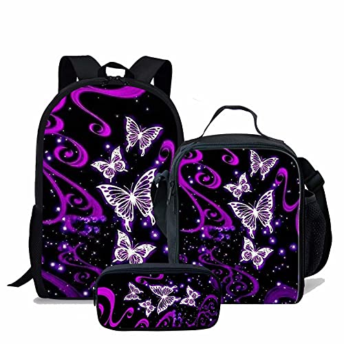 NETILGEN Galaxy Lila Schmetterling Muster Rucksack Beleidigt Lunchpaket Thermische Kinder Tragbare Bleistiftbeutel 3 Stück Für Frauen Kinder Jugendliche Mädchen Jungen Stifttaschen von NETILGEN