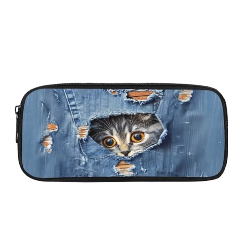 NETILGEN Großes Federmäppchen für Mädchen, Schreibwaren, Organisation, Büro, Schule, Uni, Aufbewahrungstasche, Make-up-Tasche, Beutel, Halter, Box, niedliche Katze, Denim von NETILGEN