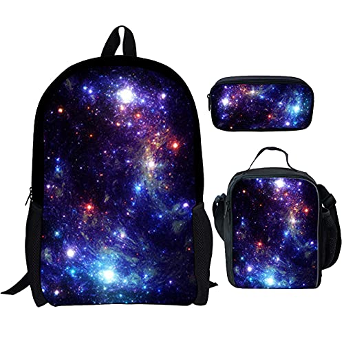 NETILGEN Grundschule Junior Schulrucksack Rucksack Kleine Lunchbox Federmäppchen Rucksack Set Für Teen Jungen Schulbuchtasche Mit Thermo Lunchbag Federmäppchen Space Galaxy Muster von NETILGEN