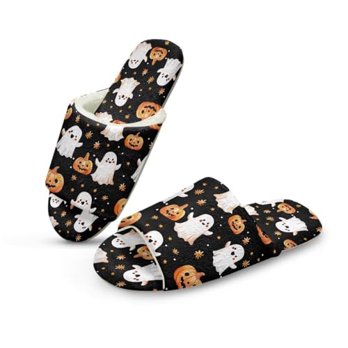 NETILGEN Halloween Cartoon Ghost Pantoffeln für Frauen Haus Schlafzimmer Rutschen Flannel weiche Flache Pantoffeln von NETILGEN