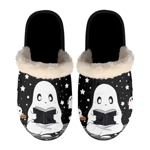 NETILGEN Halloween-Hausschuhe für Damen, Geister-Lesebuch-Hausschuhe, lässige Schlupfschuhe, bequeme, leichte flache Schuhe für drinnen und draußen NETILGEN Halloween-Hausschuhe für Damen, Geister-Lesebuch-Hausschuhe, lässige Schlupfschuhe, bequeme, leichte flache Schuhe für drinnen und draußen von NETILGEN