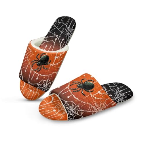 NETILGEN Halloween Theme Winter Flannel Schlafzimmer Hausschuhe für Frauen Flache Hausschuhe für Indoor Outdoor Spider Web Drucken von NETILGEN