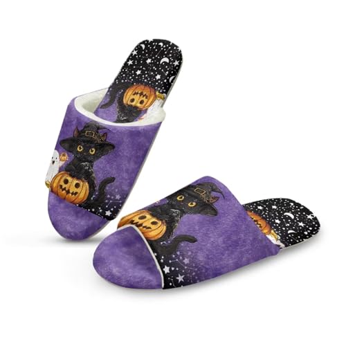 NETILGEN Halloween schwarze Katze Kürbis Frauen offene Zehen Pantoffeln gemütliche Indoor Outdoor Haus Flache Pantoffeln von NETILGEN