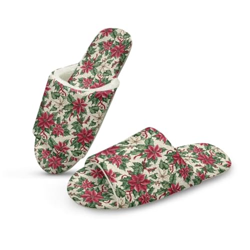NETILGEN Hausschuhe für Winter Weihnachten Poinsettia Blumen Druck Damen Memory Foam Open Toe Haus Hausschuhe von NETILGEN