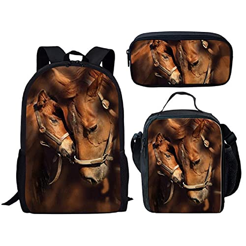 NETILGEN Horse Print Kids Schultaschen-Set Geeignet für Mädchen und Jungen Horse Print Rucksack + Lunch Tote Bag + Stiftebox 3-teiliges Set von NETILGEN
