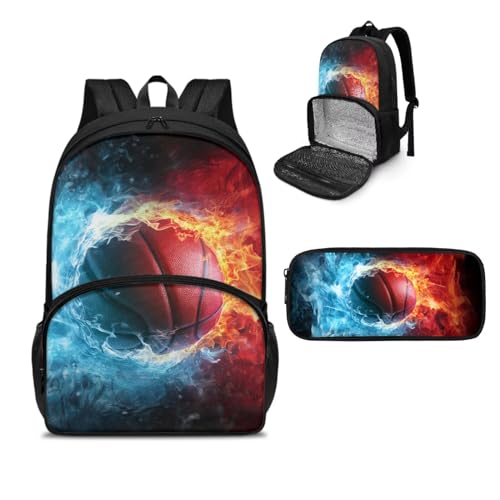 NETILGEN Isolierter Lunch-Rucksack, Laptop-Lunch-Tasche mit Federmäppchen für Picknick, Reisen, Arbeit, Geschenk für Frauen, Basketball Fire Blue Red, Einheitsgröße, Tagesrucksack von NETILGEN