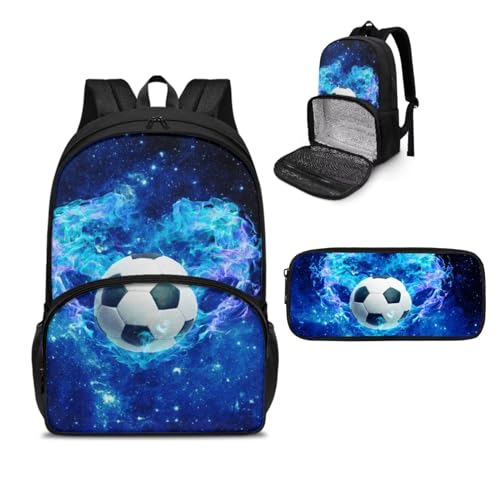 NETILGEN Isolierter Lunch-Rucksack, Laptop-Lunch-Tasche mit Federmäppchen für Picknick, Reisen, Arbeit, Geschenk für Frauen, Fußball Blue Fire, Einheitsgröße, Tagesrucksack von NETILGEN