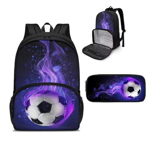 NETILGEN Isolierter Lunch-Rucksack, Laptop-Lunch-Tasche mit Federmäppchen für Picknick, Reisen, Arbeit, Geschenk für Frauen, Fußball Purple Fire, Einheitsgröße, Tagesrucksack von NETILGEN