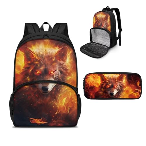 NETILGEN Isolierter Lunch-Rucksack, Laptop-Lunch-Tasche mit Federmäppchen für Picknick, Reisen, Arbeit, Geschenk für Frauen, Wolf Fire, Einheitsgröße, Tagesrucksack von NETILGEN