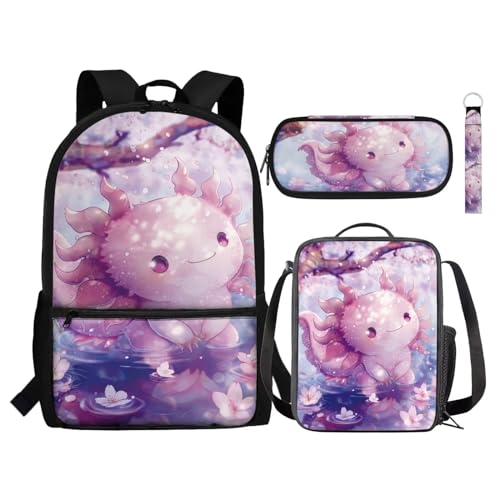 NETILGEN Kinder-Rucksack, 4-in-1-Schultaschen-Set mit Lunchbox, Federmäppchen, Schlüsselanhänger, Schulbedarf für Jungen, Studenten, Niedliches Axolotl Pink, Einheitsgröße, Tagesrucksäcke von NETILGEN