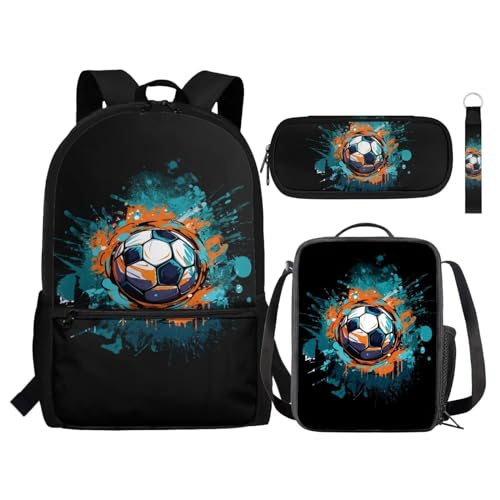 NETILGEN Kinder-Rucksack, 4-in-1-Schultaschen-Set mit Lunchbox, Federmäppchen, Schlüsselanhänger, Schulbedarf für Jungen, Studenten, Soccer Splash Ink Blue, Einheitsgröße, Tagesrucksäcke von NETILGEN