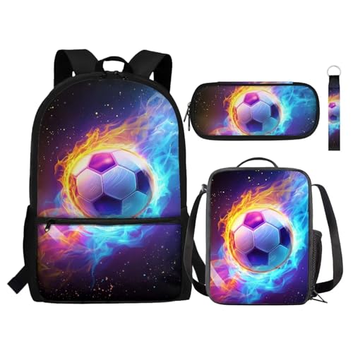 NETILGEN Kinder-Rucksack, 4-teiliges Set, inklusive Schulbüchertasche, Lunch-Tasche, Stiftehalter, Schlüsselanhänger für die Schule, Soccer Fire Galaxy, Einheitsgröße, Tagesrucksäcke von NETILGEN