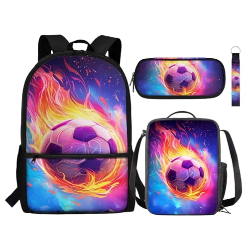 NETILGEN Kinder-Rucksack, 4-teiliges Set, inklusive Schulbüchertasche, Lunch-Tasche, Stiftehalter, Schlüsselanhänger für die Schule, Soccer Flame Blue, Einheitsgröße, Tagesrucksäcke von NETILGEN