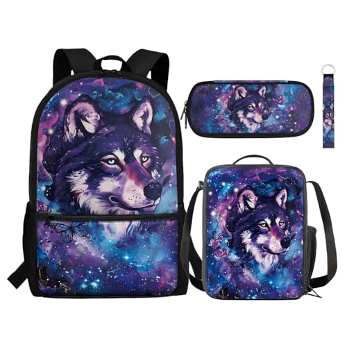 NETILGEN Kinder-Rucksack, 4-teiliges Set, inklusive Schulbüchertasche, Lunch-Tasche, Stiftehalter, Schlüsselanhänger für die Schule, Wolf Blue Galaxy, Einheitsgröße, Tagesrucksäcke von NETILGEN