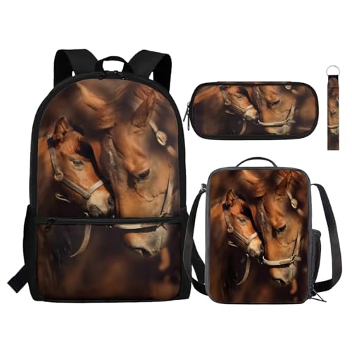 NETILGEN Kinder-Rucksack-Set inklusive Schultasche, isolierte Lunchtasche, Federmäppchen, Schlüsselanhänger, modische Büchertasche, Rucksack-Set, Brown Horse Family, Einheitsgröße, Tagesrucksäcke von NETILGEN