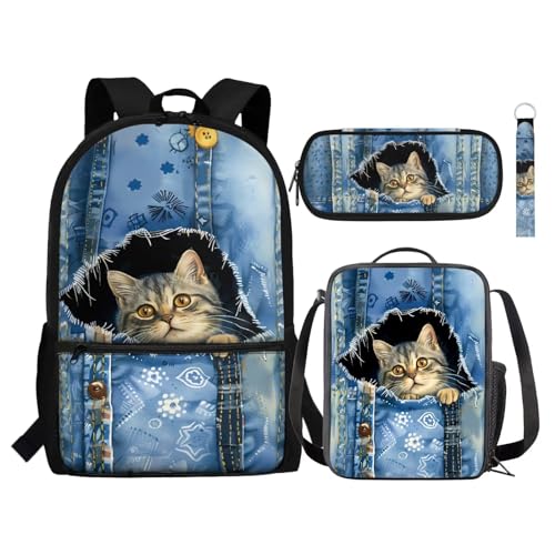 NETILGEN Kinder-Rucksack-Set inklusive Schultasche, isolierte Lunchtasche, Federmäppchen, Schlüsselanhänger, modische Büchertasche, Rucksack-Set, Cat Denim, Einheitsgröße, Tagesrucksäcke von NETILGEN