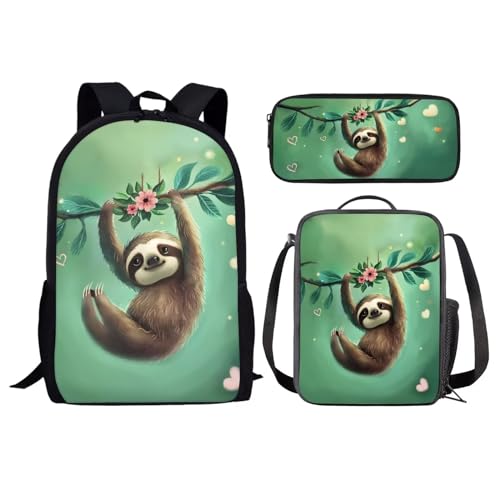 NETILGEN Kinder-Rucksack für die Schule, 3-in-1, Schultaschen-Set für Jungen, Teenager, isolierte Lunchtasche + Federmäppchen für Reisen, Camping, Wandern, Radfahren, Outdoor-Sport, Faultier Blume von NETILGEN