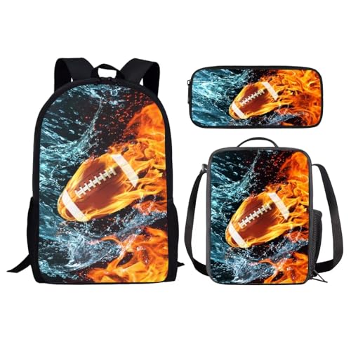 NETILGEN Kinder-Rucksack für die Schule, 3-in-1, Schultaschen-Set für Jungen, Teenager, isolierte Lunchtasche + Federmäppchen für Reisen, Camping, Wandern, Radfahren, Outdoor-Sport, Rugby Water Fire, von NETILGEN