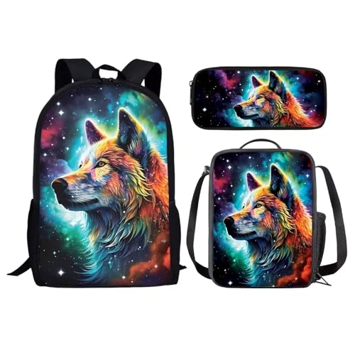 NETILGEN Kinder-Rucksack für die Schule, 3-in-1, Schultaschen-Set für Jungen, Teenager, isolierte Lunchtasche + Federmäppchen für Reisen, Camping, Wandern, Radfahren, Outdoor-Sport, Wolf, bunte von NETILGEN