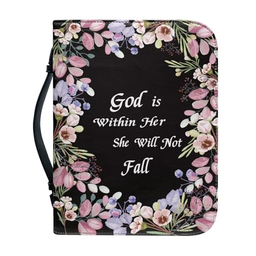 NETILGEN Kunstleder-Bibelhüllen für Damen und Mädchen, Kirchentasche mit Griff und Reißverschluss, schmutzabweisend, Bibelschutz, Gott ist in ihr, sie wird nicht fallen von NETILGEN