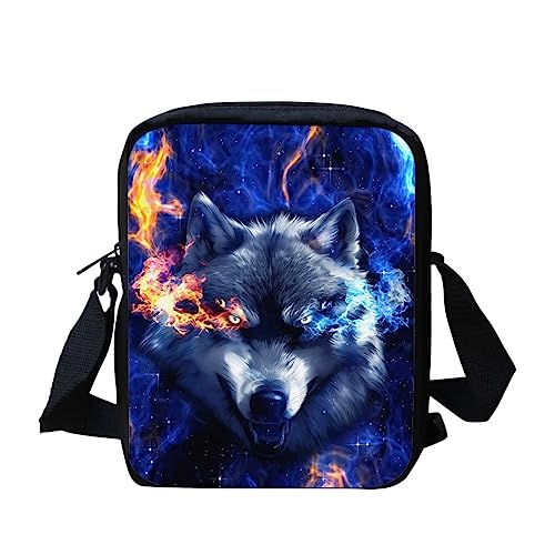 NETILGEN Kuriertasche für Mädchen und Jungen, Weihnachtsdekorationstaschen, niedliche Umhängetasche, verstellbare Tasche, waschbar, staubdicht, langlebiger Reißverschluss, Wolf mit blauem Feuer von NETILGEN