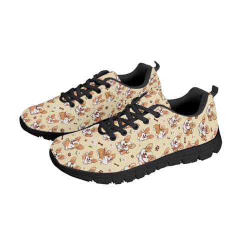 NETILGEN Lauf- und Walking-Sneaker mit Corgi-Puzzle-Muster, Tennisschuhe mit Schnürung und Air-Mesh-Einsätzen, Trainingsschuhe für den Alltag für Damen von NETILGEN