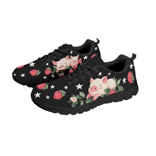 NETILGEN Laufschuhe mit Erdbeer-Schweine-Muster, Tennisschuhe zum Schnüren und Air-Mesh-Trainingsschuhe für den Alltag von NETILGEN