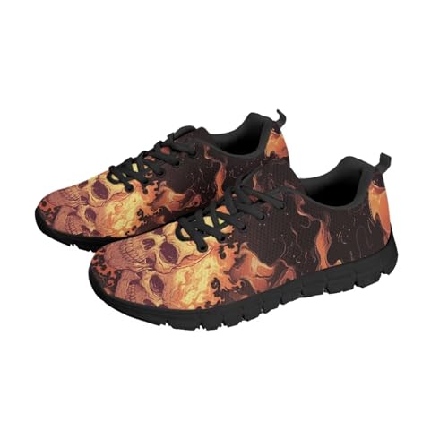 NETILGEN Laufschuhe mit Feuer-Totenkopf-Print für Damen, leichte, Flache Schuhe mit Luftpolsterung, rutschfeste Tennisschuhe mit Schnürung, Lauf-Sneaker von NETILGEN