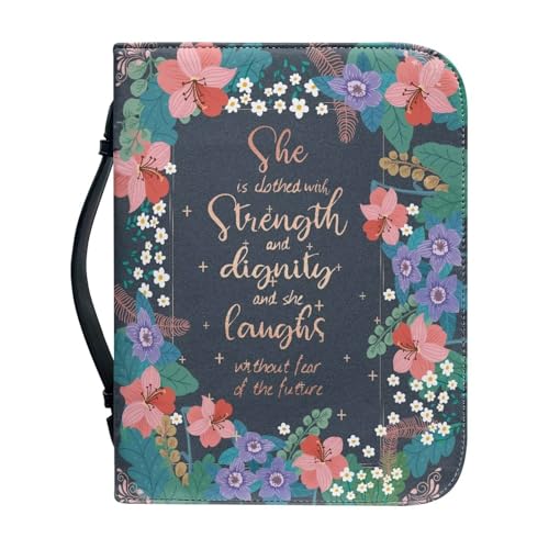 NETILGEN Leder-Bibelhülle für Damen und Herren, "She is Clothed in Strength & Dignity and She Laughs Without Fear of the Future", Kirchentasche mit Tragegriff von NETILGEN