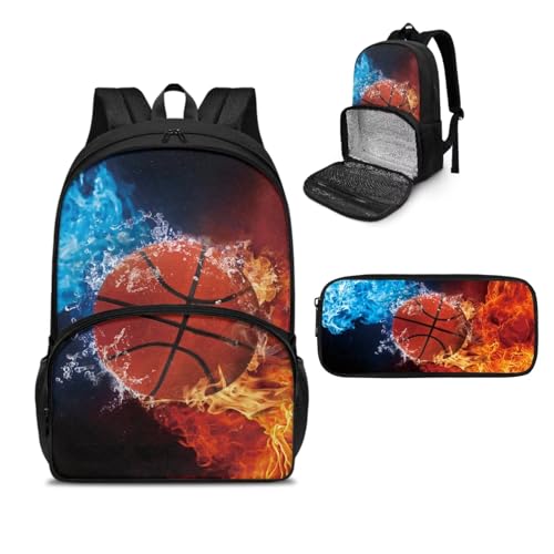 NETILGEN Lunch-Rucksack, isoliert, Kühlrucksäcke, Laptop-Lunch-Tasche mit Federmäppchen für Picknick, Reisen, Arbeit, Geschenk für Frauen, Basketball Fire Flame, Einheitsgröße, Tagesrucksäcke von NETILGEN