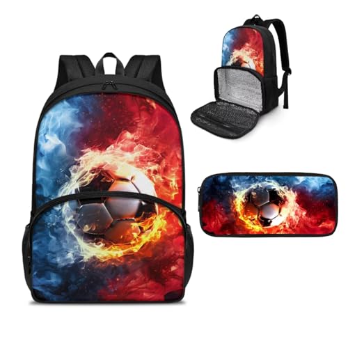 NETILGEN Lunch-Rucksack, isoliert, Kühlrucksäcke, Laptop-Lunch-Tasche mit Federmäppchen für Picknick, Reisen, Arbeit, Geschenk für Frauen, Fußball Rot Blau Feuer, Einheitsgröße, Tagesrucksäcke von NETILGEN