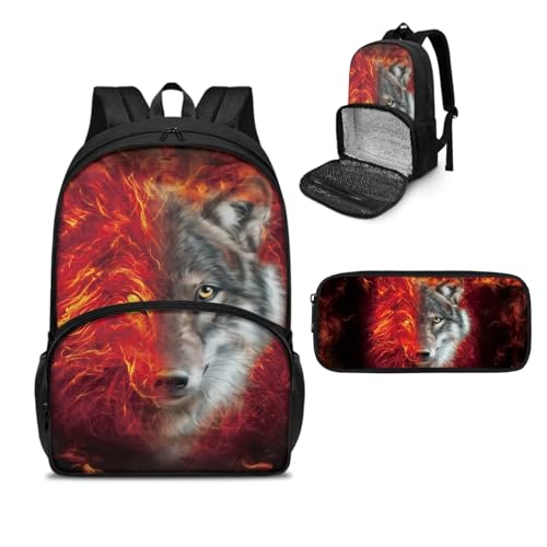 NETILGEN Lunch-Rucksack, isoliert, Kühlrucksäcke, Laptop-Lunch-Tasche mit Federmäppchen für Picknick, Reisen, Arbeit, Geschenk für Frauen, Wolf Red Fire, Einheitsgröße, Tagesrucksäcke von NETILGEN