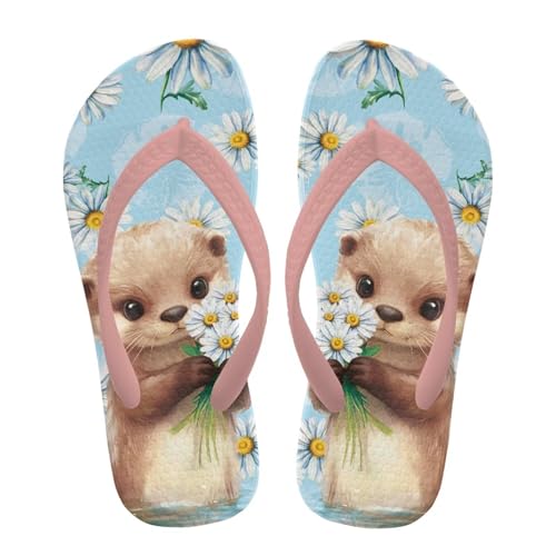 NETILGEN Otter-Gänseblümchen-Sommer-Hausschuhe für Mädchen mit T-Riemen, Memory-Schaum, offene Zehenpartie für drinnen und draußen von NETILGEN