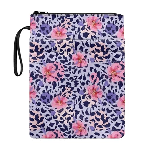 NETILGEN Pink Hibiscus Purple Leopard Book Sleeve for Book Lovers Book Sleeve with Zipper Book Protector Paperback Book Cover Stationery Storage Bag for Kids Teens von NETILGEN