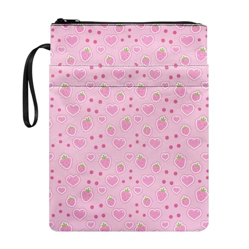 NETILGEN Pink Strawberry Heart Book Cover Zipper Book Protector Cover with Front Pen Holder Pouch, Washable Fabric Paperback Notebook Book Cover, Book Lover Gifts von NETILGEN