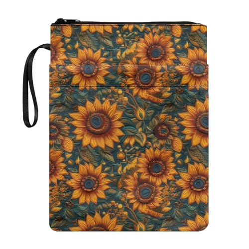 NETILGEN Retro-Sonnenblumen-Schutzhülle für Damen und Mädchen, mit Reißverschluss, Buchschutz mit Tasche, waschbarer Stoff für Teenager, Erwachsene, Buchliebhaber, Lehrer, Schüler von NETILGEN