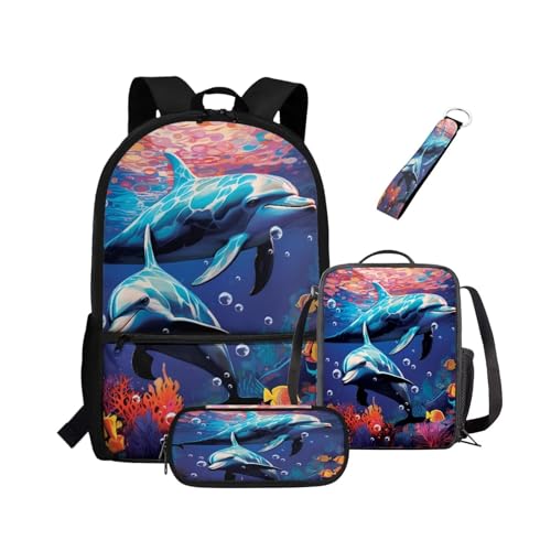 NETILGEN Rucksack 4-teiliges Set Scool Büchertasche mit Lunchbox, Federmäppchen, Schlüsselanhänger für Grundschulkinder, Kinder, Schultaschen, Paar Delfin, Kinderrucksack von NETILGEN