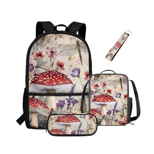 NETILGEN Rucksack 4-teiliges Set Scool Büchertasche mit Lunchbox, Federmäppchen, Schlüsselanhänger für Grundschulkinder, Kinder, Schultaschen, Pilz-Libellen, Kinderrucksack von NETILGEN