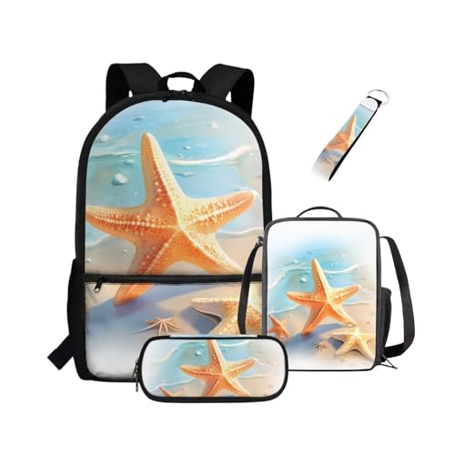 NETILGEN Rucksack 4-teiliges Set Scool Büchertasche mit Lunchbox, Federmäppchen, Schlüsselanhänger für Grundschulkinder, Kinder, Schultaschen, Strand Seestern, Kinderrucksack von NETILGEN