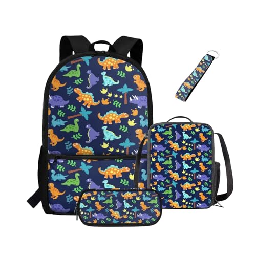 NETILGEN Rucksack 4-teiliges Set Scool Büchertasche mit Lunchbox, Federmäppchen, Schlüsselanhänger für Grundschulkinder, Kinder, Schultaschen, T-Rex Dinosaurier, Kinderrucksack von NETILGEN