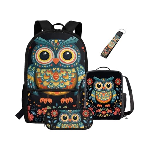 NETILGEN Rucksack 4-teiliges Set Scool Büchertasche mit Lunchbox, Federmäppchen, Schlüsselanhänger für Grundschulkinder, Kinder, Schultaschen, eule, Kinderrucksack von NETILGEN