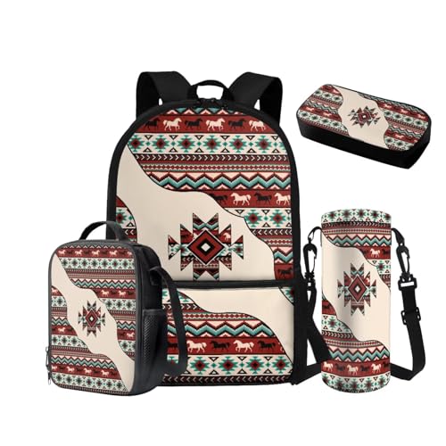 NETILGEN Rucksack für Jungen 10-12 Mittelschule Taschen-Set mit isolierter Lunchbox Federmäppchen Wasserflasche Hülle 6-8 Grundschule Vorschule Schultasche, Aztec Tribal, Schulrucksack von NETILGEN