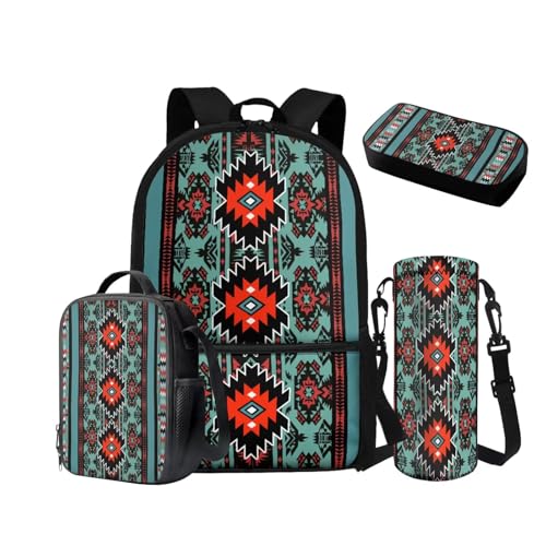 NETILGEN Rucksack für Jungen 10-12 Mittelschule Taschen-Set mit isolierter Lunchbox Federmäppchen Wasserflasche Hülle 6-8 Grundschule Vorschule Schultasche, Azteken-Navajo, Schulrucksack von NETILGEN