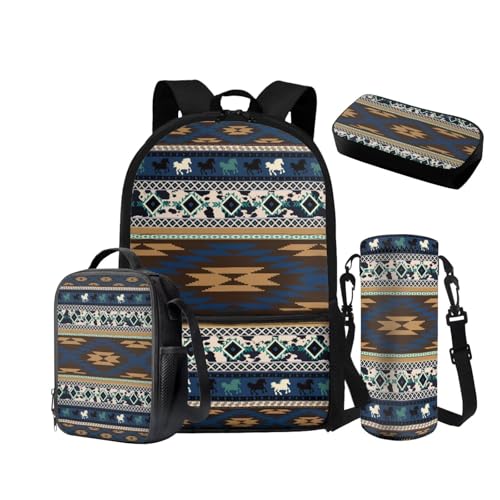 NETILGEN Rucksack für Jungen 10-12 Mittelschule Taschen-Set mit isolierter Lunchbox Federmäppchen Wasserflasche Hülle 6-8 Grundschule Vorschule Schultasche, Blaue Native Azteken, Schulrucksack von NETILGEN